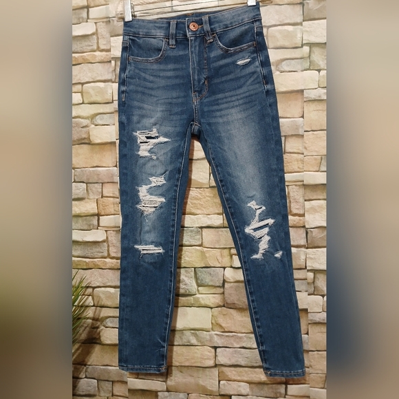 ⚘️American Eagle SZ 00 Short Hi Rise‎ Jegging Crop Distressed Jeans - Picture 1 of 6